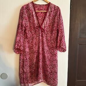 Boho Burgundy Silk Floral V Neck Loose Tunic Dress, Swim Cover up | One Size